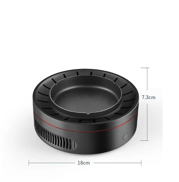 Black multi-function electronic ashtray purifier, 18x18x7.3cm, with 3000mAh battery and negative ion air cleaning.