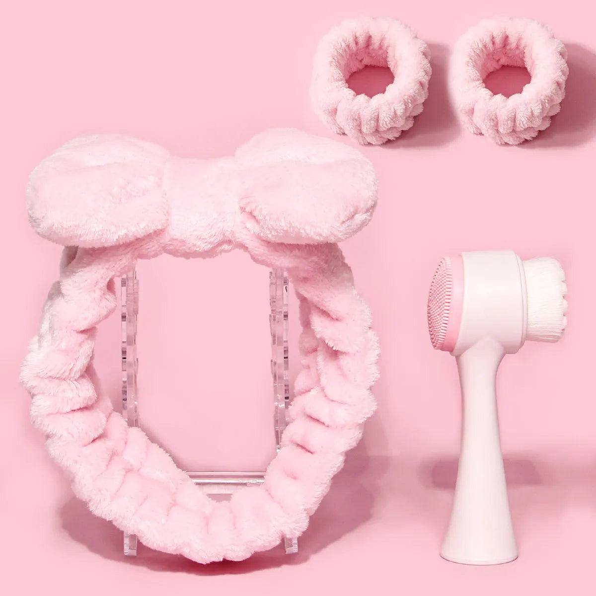 Coral fleece hair band facial brush set with face wash brush in multiple colour options