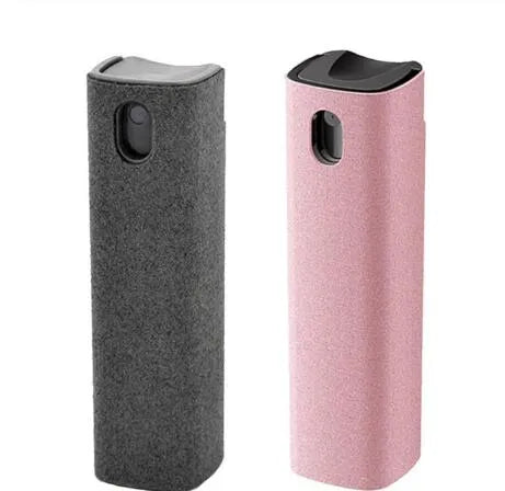 2-in-1 screen cleaner kit with spray bottle and microfiber cloth for mobile phone and computer screens in pink and gray