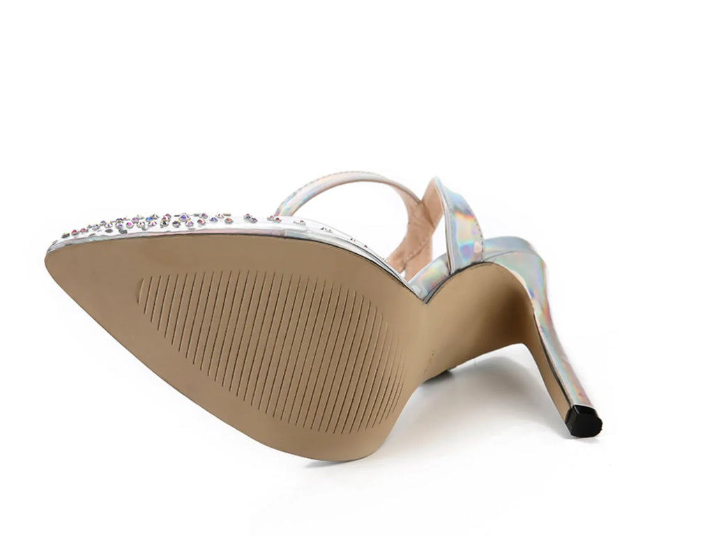 Women's pointed toe stiletto sandals with diamond details on a PVC upper, showcasing a 9cm heel.