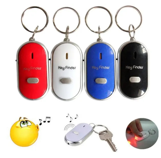 Small ABS key finder device on a keychain, available in black, blue, red, and white colours, with whistle activation
