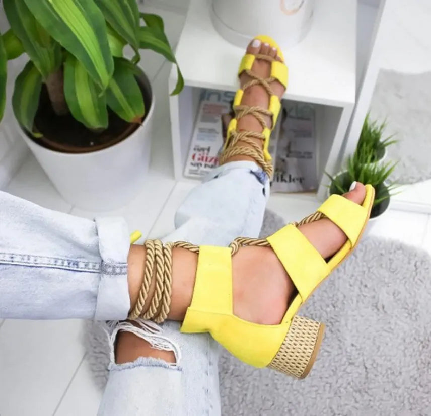 Women's beige suede fashion sandals with front strap, ankle strap, fish mouth toe, and a thick middle heel.