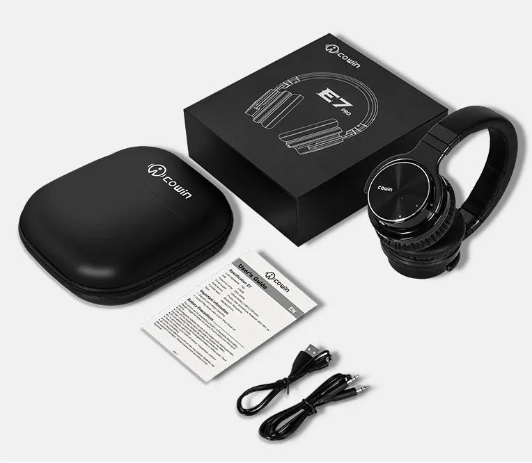 Male wireless Bluetooth headset head mounted in black with padded ear cups and adjustable headband