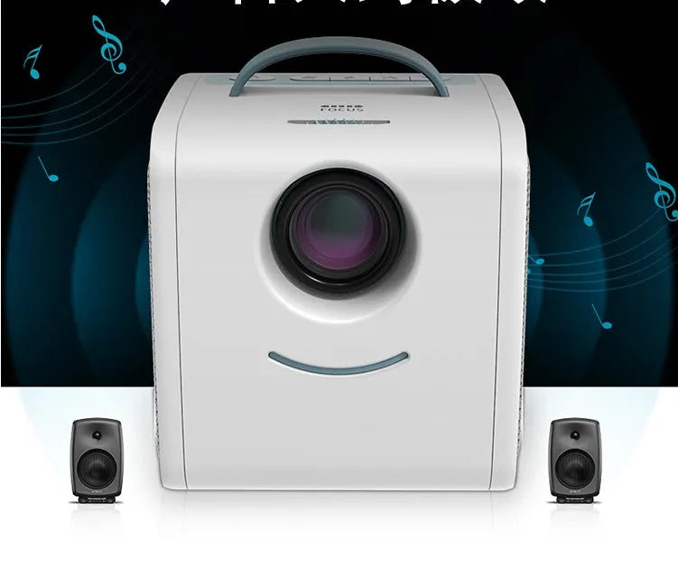 Mini home theater projector with 20W LED bulb projecting onto a wall, available in Blue US or Pink US colour options