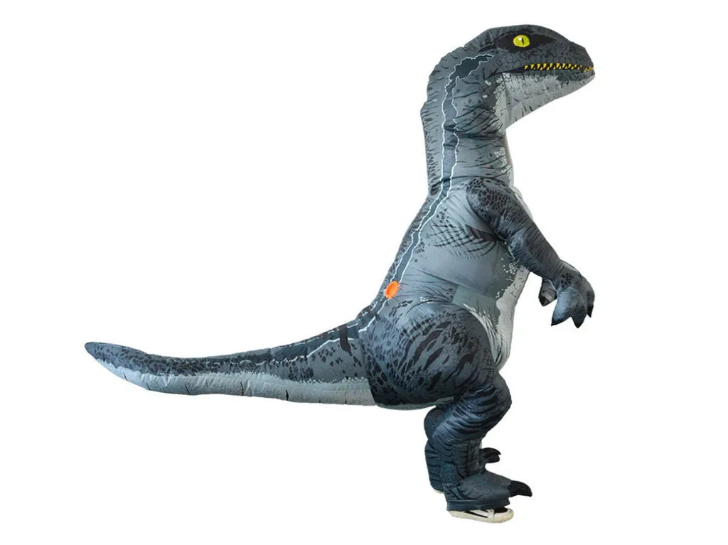 Official Jurassic World inflatable Tyrannosaurus Rex costume in green with gloves, shoe covers, and battery-powered fan unit