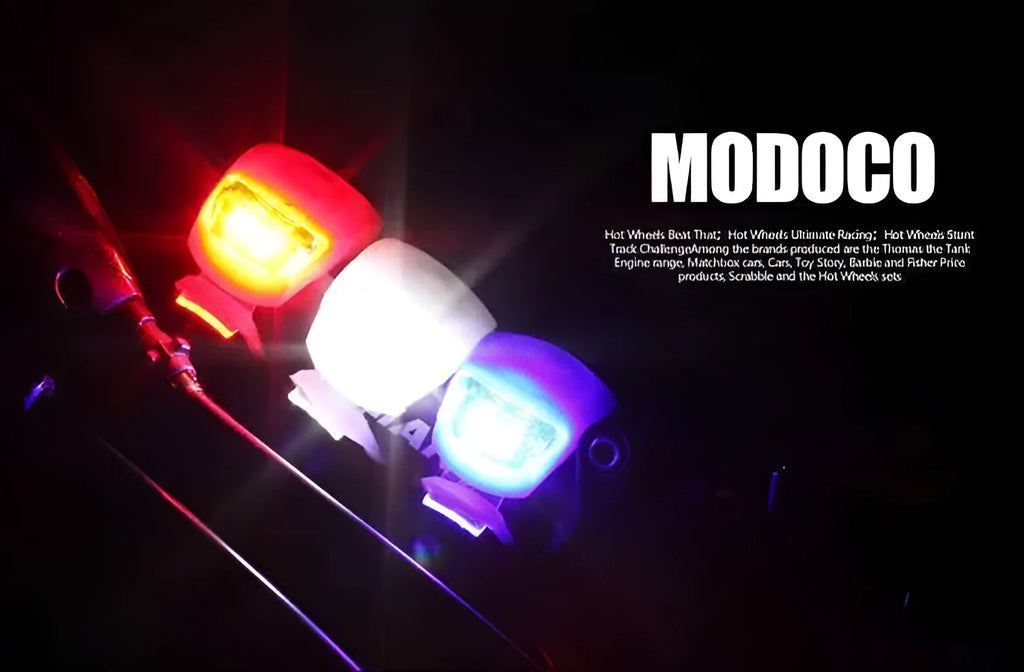 LED bike safety light with clip, flexible silicone body, and three light modes for cycling and outdoor use.