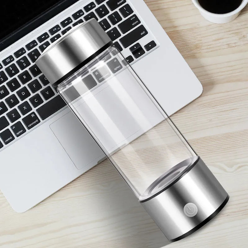 Silver hydrogen water cup with PC body, 420ml capacity, USB charging port, and titanium electrode