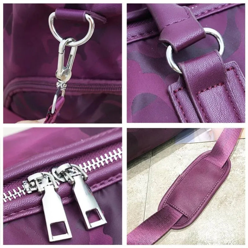 Nylon travel bag in black with soft handle, top zipper, and multiple internal pockets