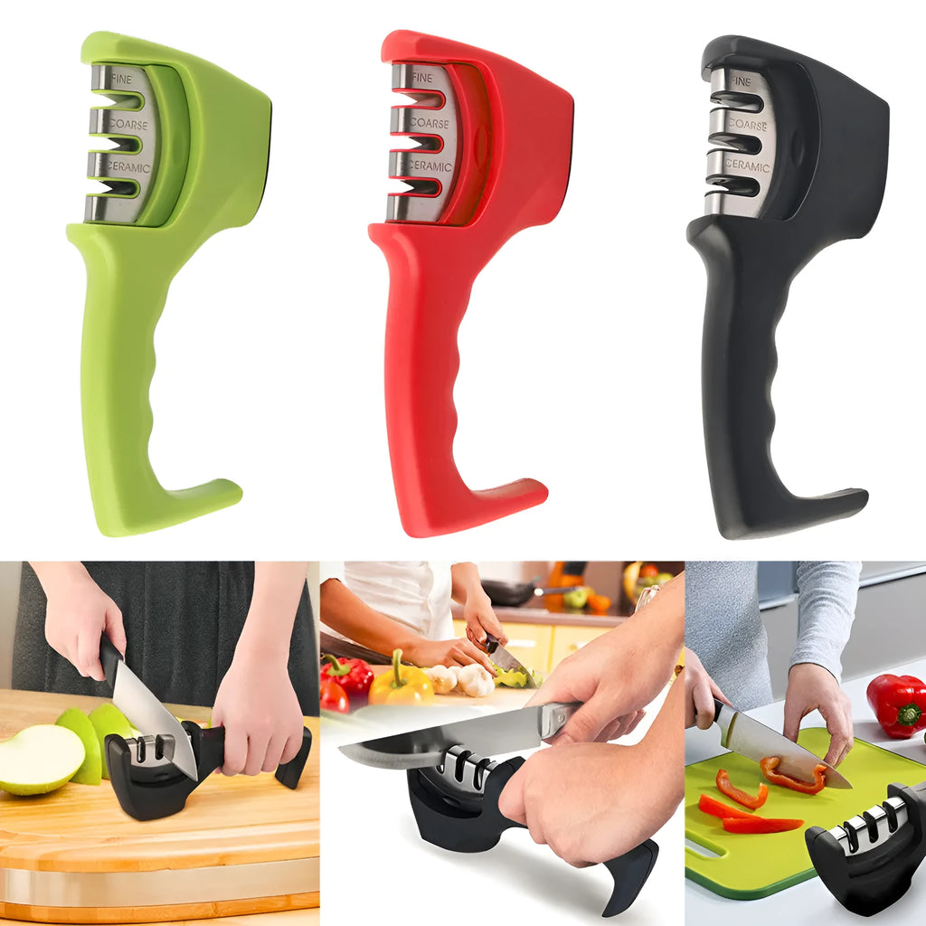 Three-stage knife sharpener with ABS body, anti-slip rubber feet, 20.5cm x 6cm x 7.5cm, available in four colours