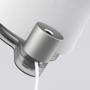 White desktop bladeless fan with USB humidification, 3 speed settings, and LED light on a desk