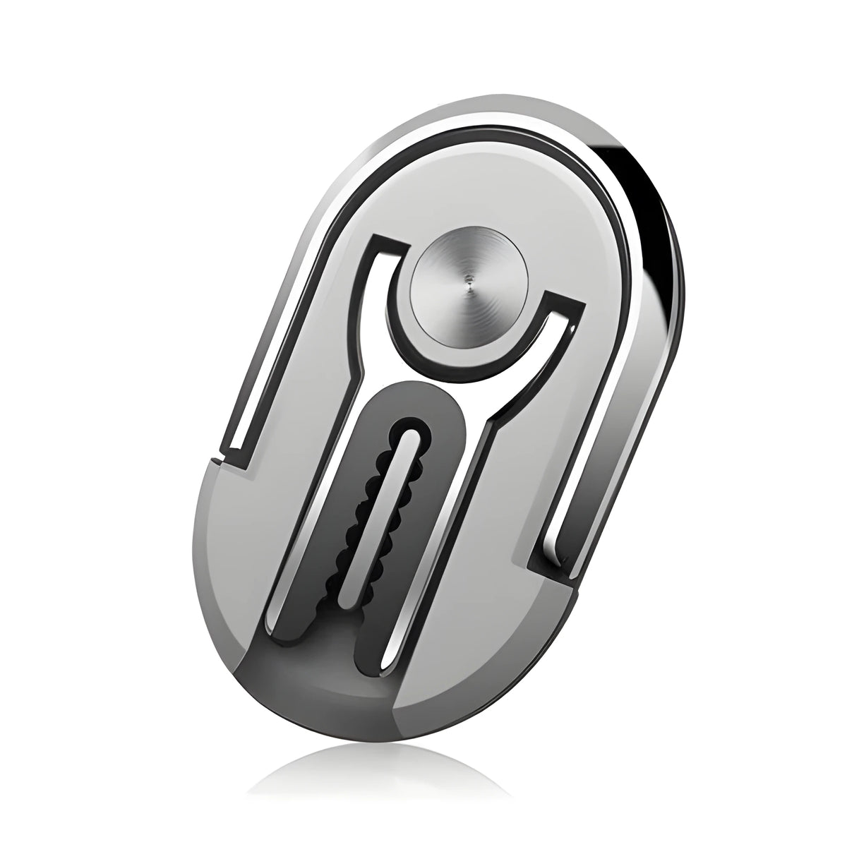 Universal car air vent phone holder with finger ring grip, zinc alloy body, silicone clip, 360° rotation