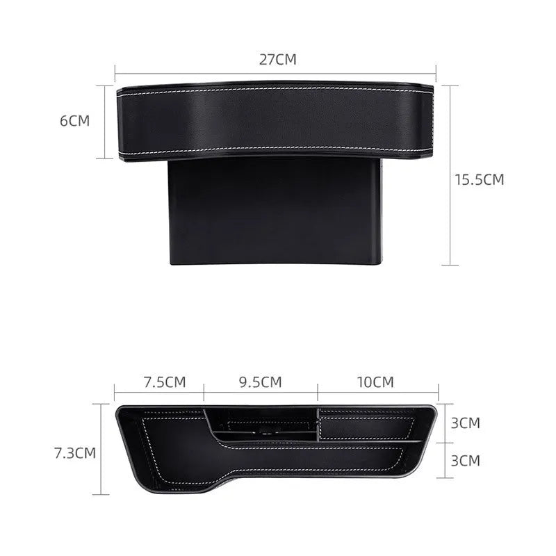 Black leather car seat gap storage box with cup holder and USB cable for car interior organisation