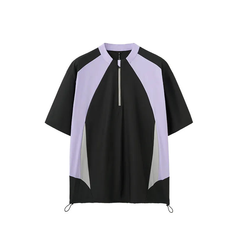 Men's solid-colour polyester top in black or beige with long sleeve and short sleeve options