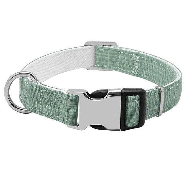 Custom engraved nylon dog collar with semi-alloy lock and D-ring, available in red, blue, and orange