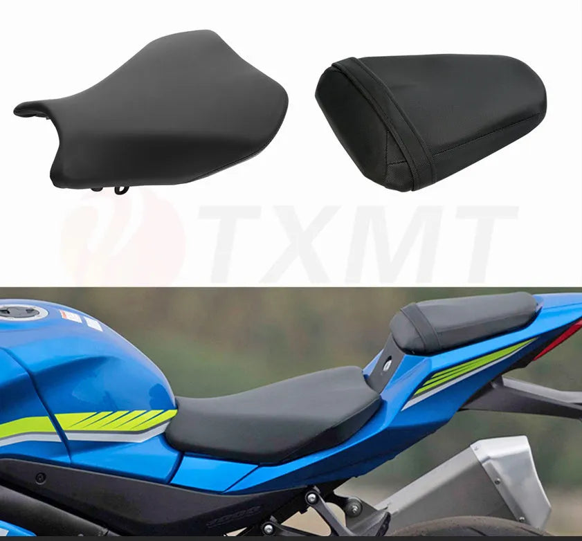 Suzuki GSXR1000 motorcycle with black PU leather seat covers fitted on front and rear seats.