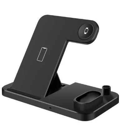 Black 4-in-1 wireless charging station with phone on adjustable stand, Apple Watch, and AirPods charging.