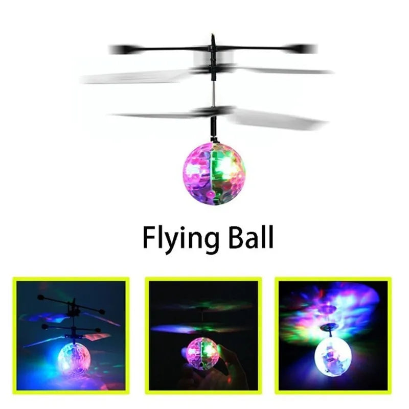 LED Magic Flying Ball with infrared induction, flashing lights, USB charging, plastic construction, available in multiple colours