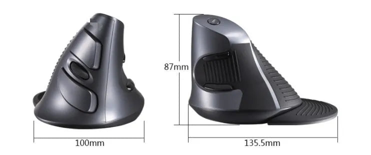 Black and white M 618 wireless vertical ergonomic mouse with USB receiver on a wooden desk.