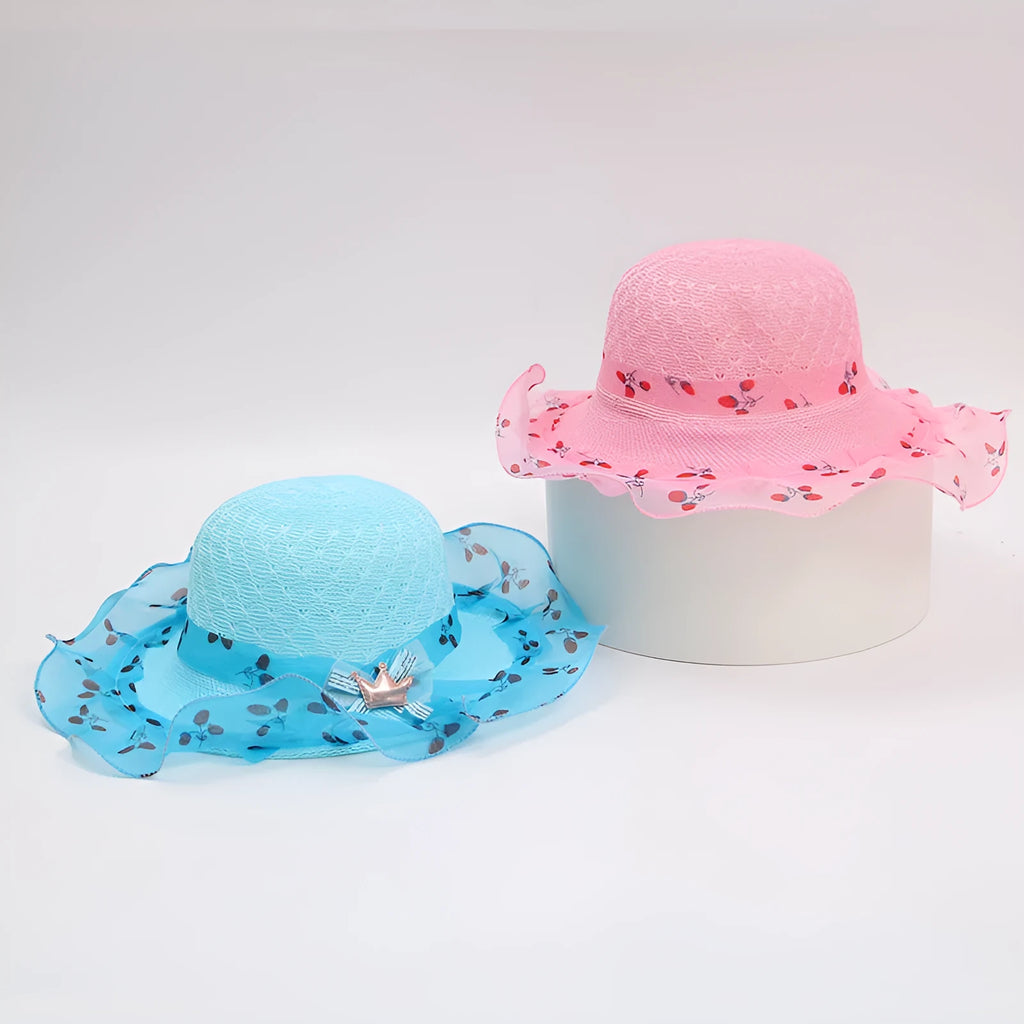 Princess straw hat for children aged 2-7 in beige with wide brim for sun protection