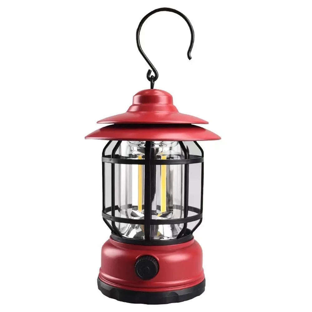 Portable head lamp camping lantern in dark green, black or red colours measuring 16.6 cm tall