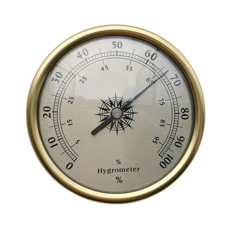Analogue thermometer and hygrometer with silver aluminium dial and outer ring