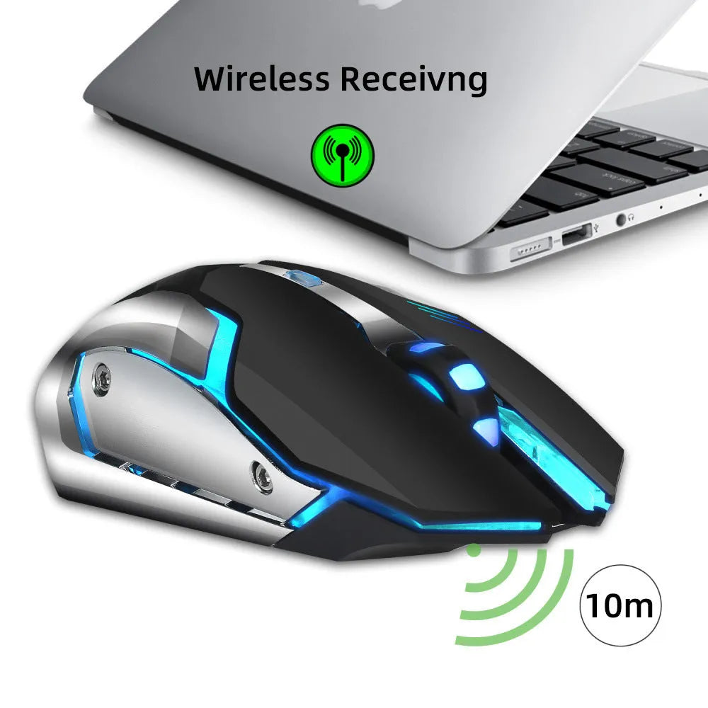 HXSJ wireless gaming mouse in black with glowing effect, side view showing ergonomic shape and buttons