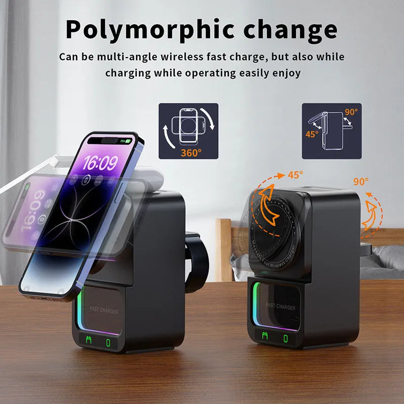 Black and white 5-in-1 Bluetooth speaker with wireless charging station showing magnetic Qi charging area
