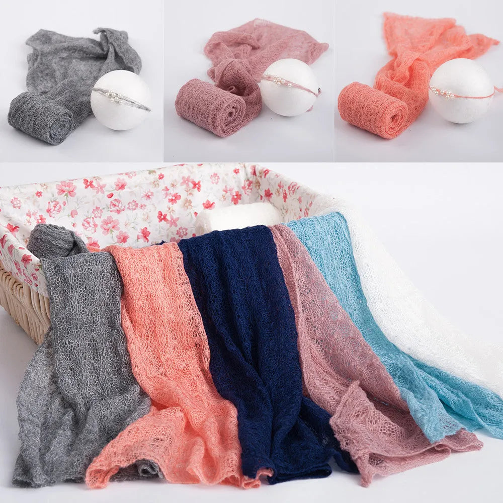 Soft mohair baby photography wrap 40x150cm in blue with matching hair accessories