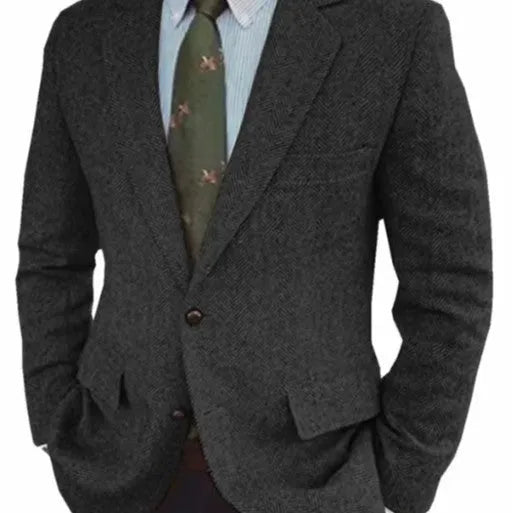 Men's brown herringbone pattern suit jacket with long sleeves and a flax lining.