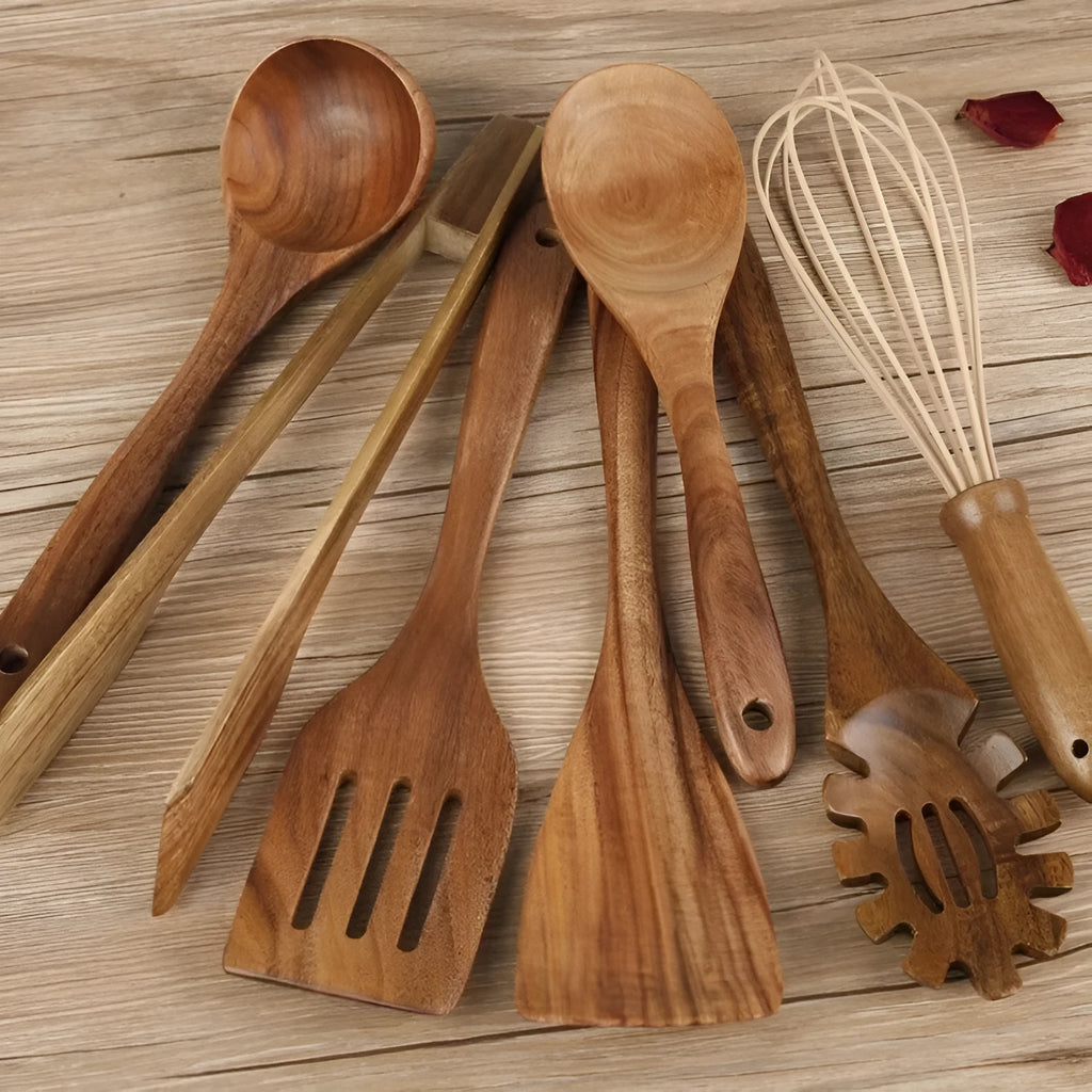 Seven wooden cooking utensils including spoon and shovel for non-stick pans