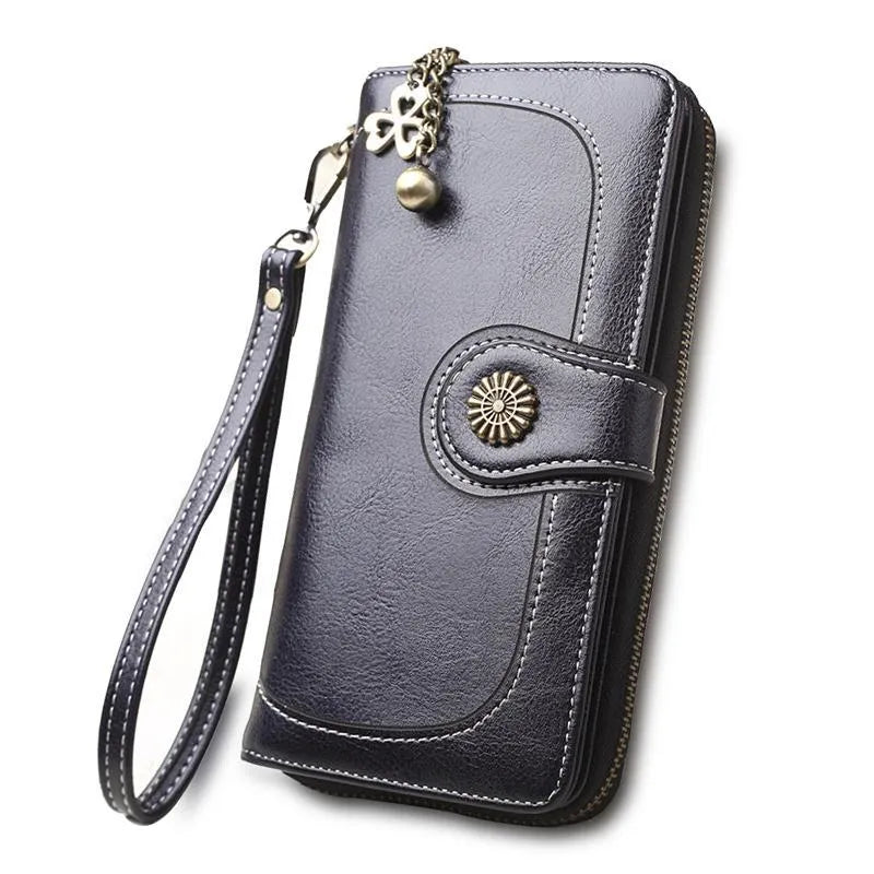 Long wallet for women in PU leather with multiple card slots and zip coin pocket, shown in six colours