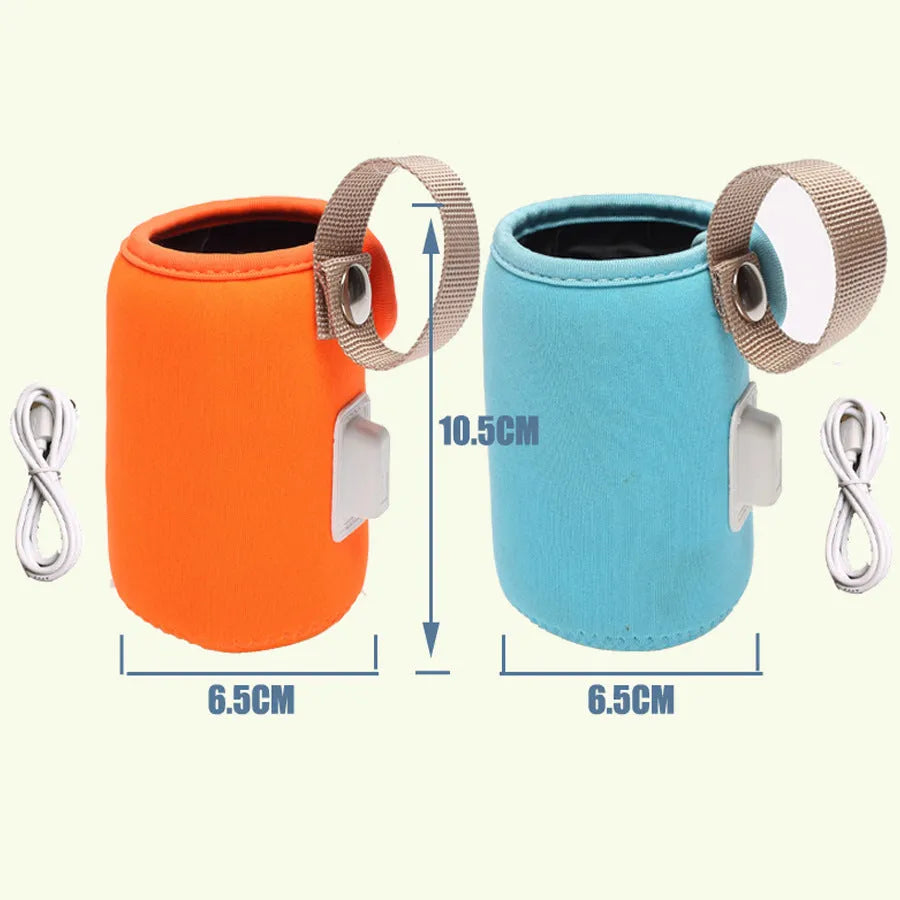 Long orange cotton USB baby bottle warmer wrapped around a milk bottle.