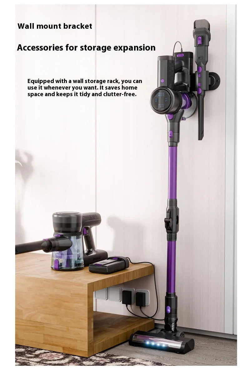 Black and purple brushless foldable handheld vacuum cleaner on a plain background
