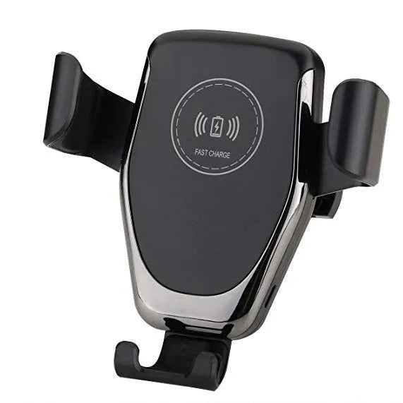 Black car wireless charger mount holding an iPhone on a car ventilation vent