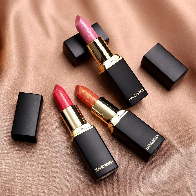 Pearlescent colour change temperature change lipstick in a tube with shimmering finish