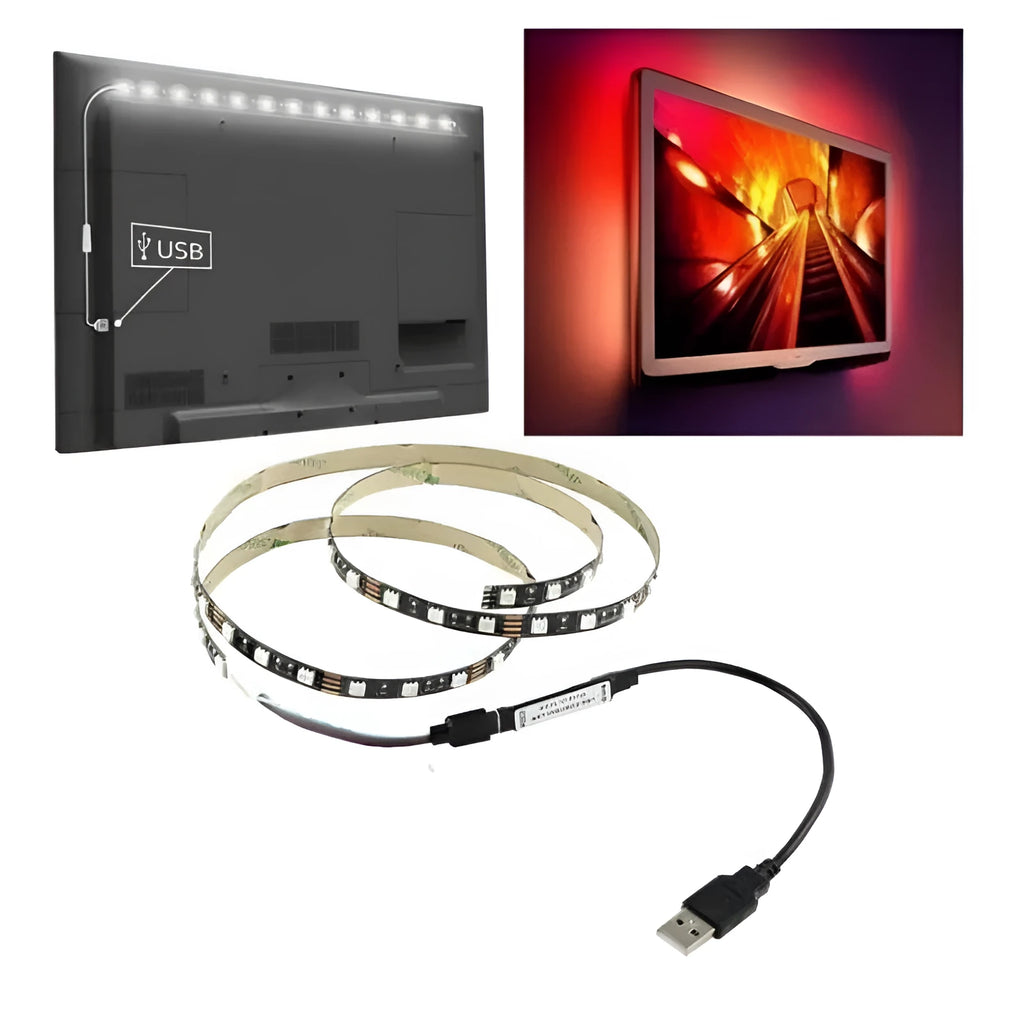 USB LED light strip with SMD5050 LEDs showing white illumination along 1 metre flexible strip with USB cable