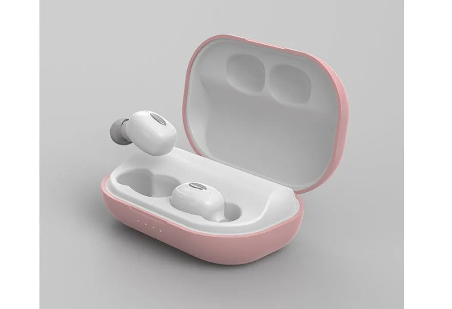 Wireless Bluetooth headset with charging case in blue and pink on white background