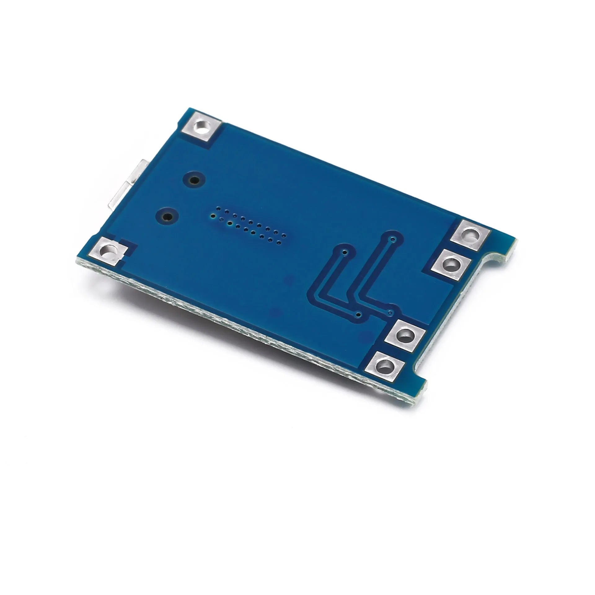 Small blue PCB for charging and protecting a single 3.7V lithium battery, showing solder pads for 5V input, battery, and output.