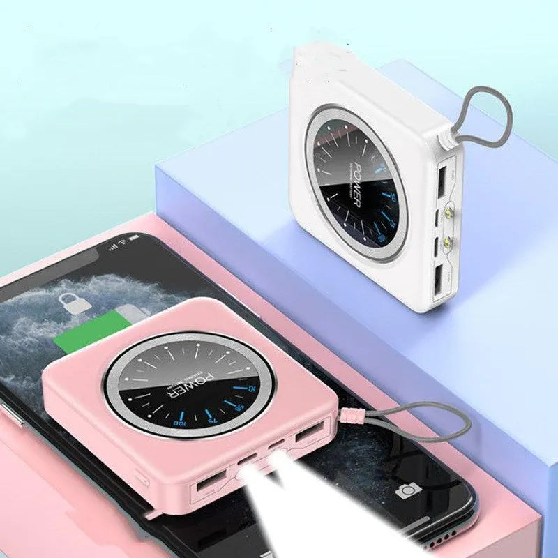 Compact mint green alloy power bank with multiple USB ports, shown next to a smartphone for scale.