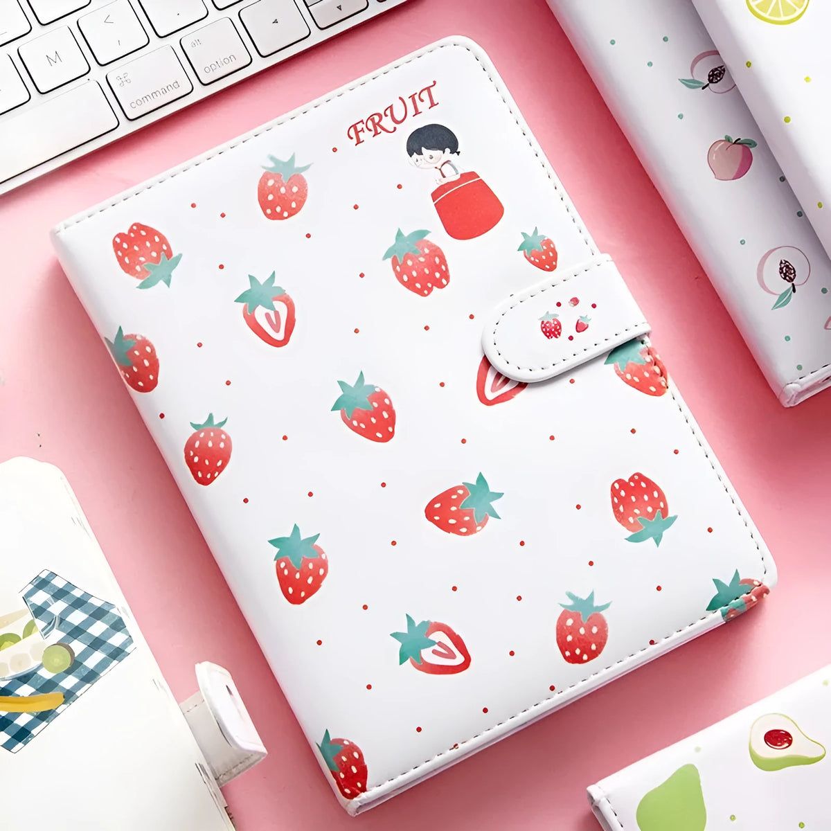 Fruit print notebook planner with magnetic buckle, PU cover, A6 size, eight colour variants including lemon and strawberry