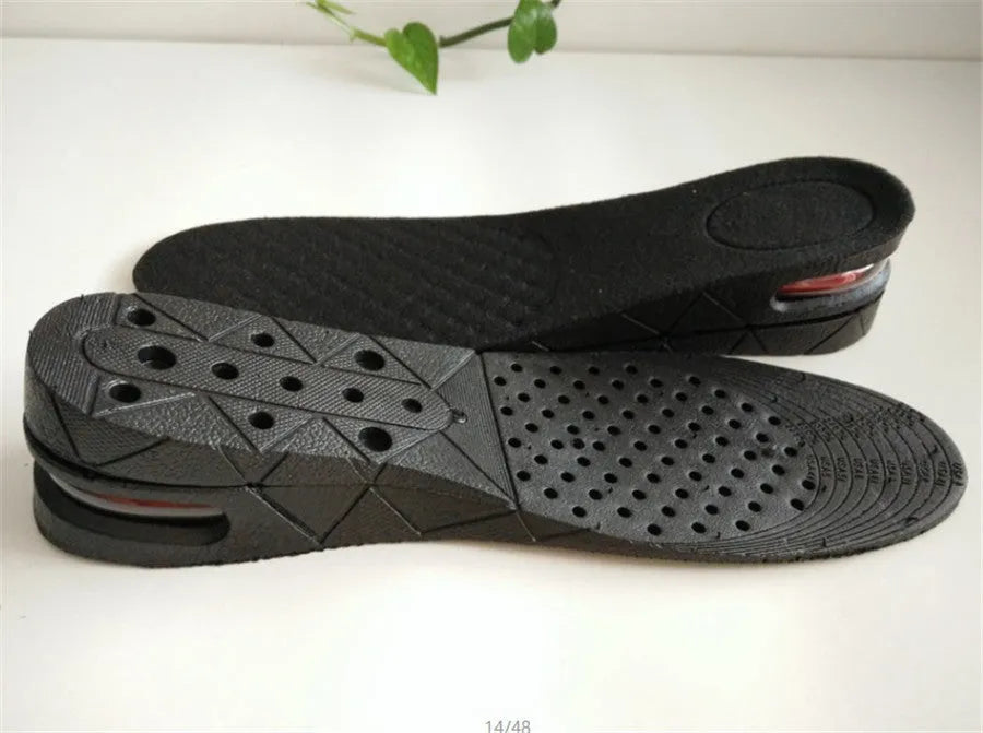 Black PVC height increase insoles with visible stacked layers, 27cm length, for men's shoe lifts