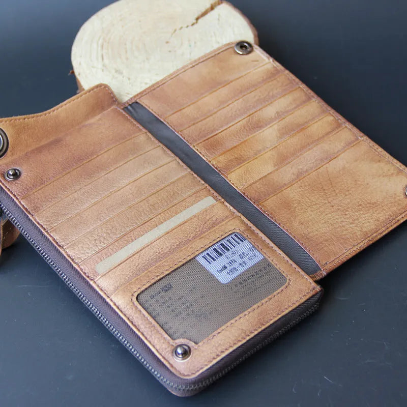 Retro long cowhide wallet with 13 card slots, zipper bill pocket, in bark brown, on flat surface
