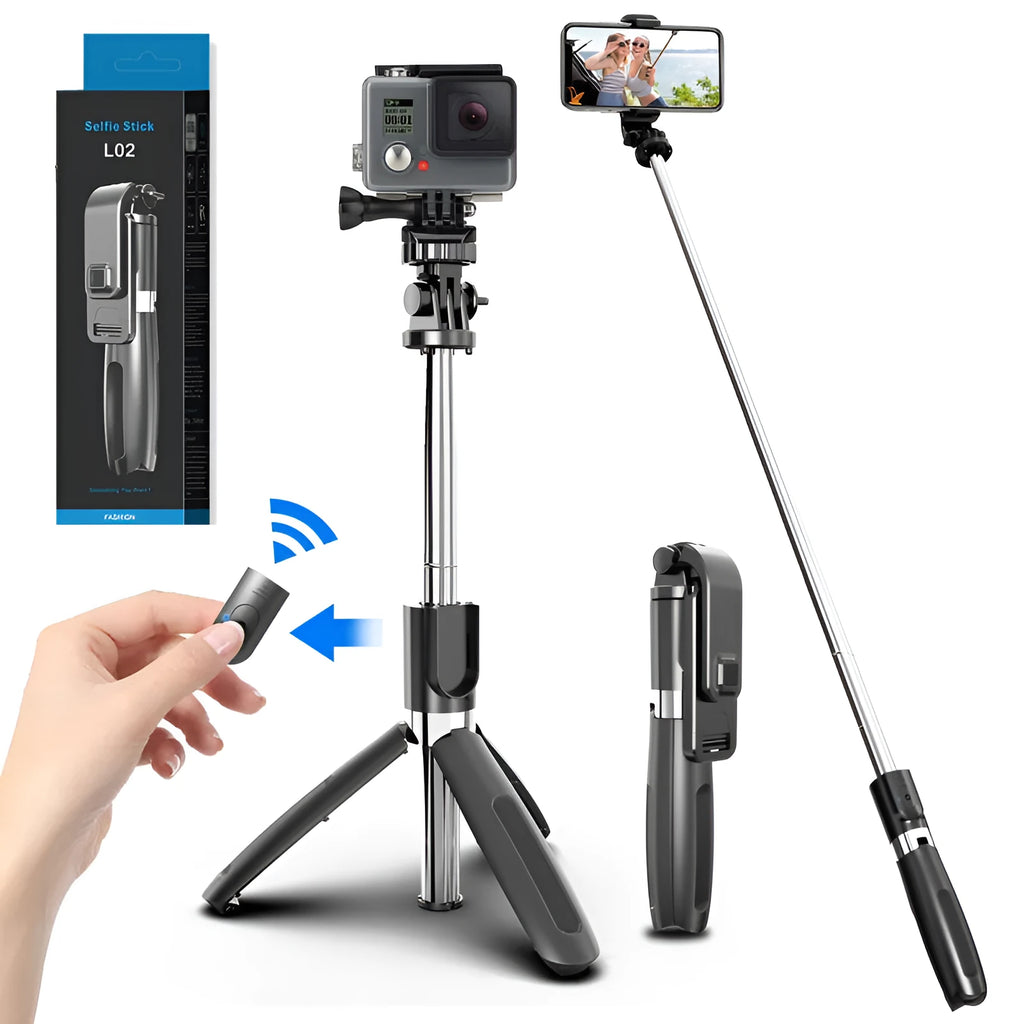 Black and white Bluetooth selfie stick with wireless remote, extended with phone mounted on 360-degree head and tripod base deployed.