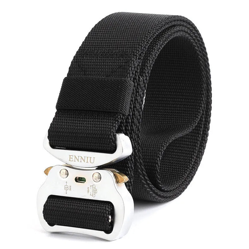 Army Fan tactical belt in nylon with aluminium buckle, 125cm length, colour Black, laid flat on surface