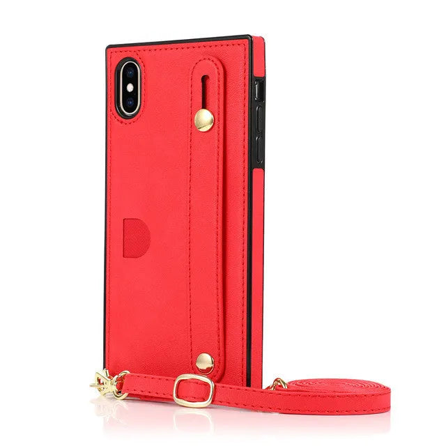 Leather messenger phone case with wristband holster in black red rose gold green purple colours