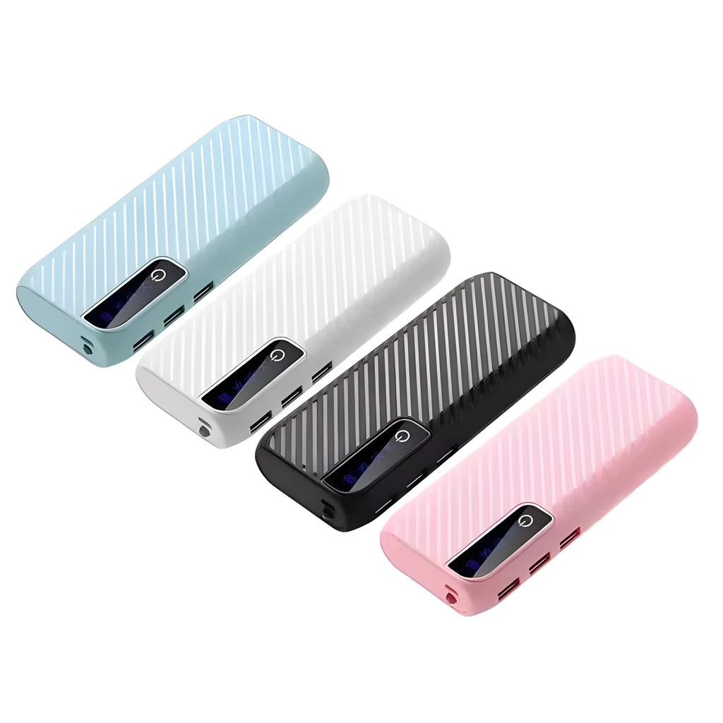 Black portable mini power bank with 20000mAh capacity showing USB ports, placed next to a mobile phone.