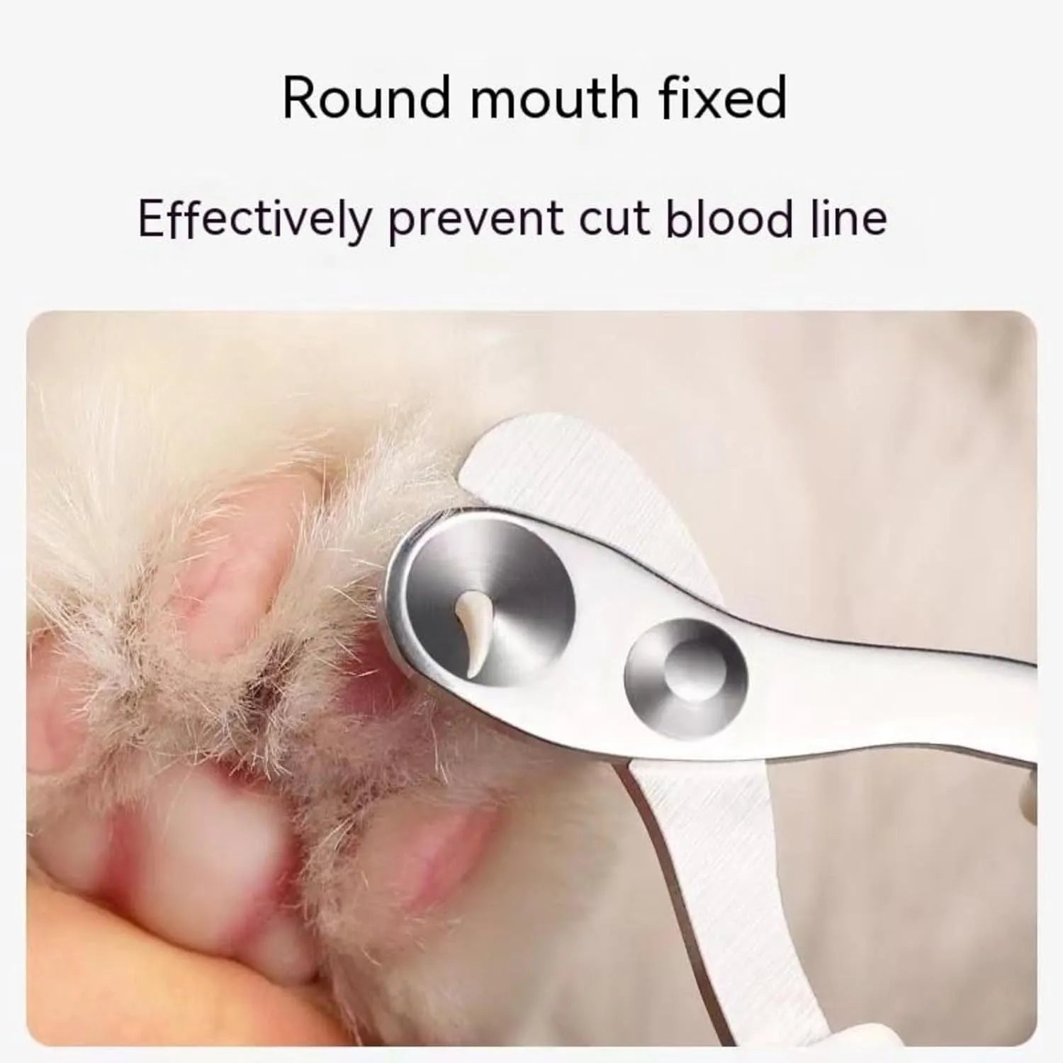 Blue handled cat nail clippers with circular cut hole showing stainless steel blade and non-slip grip.