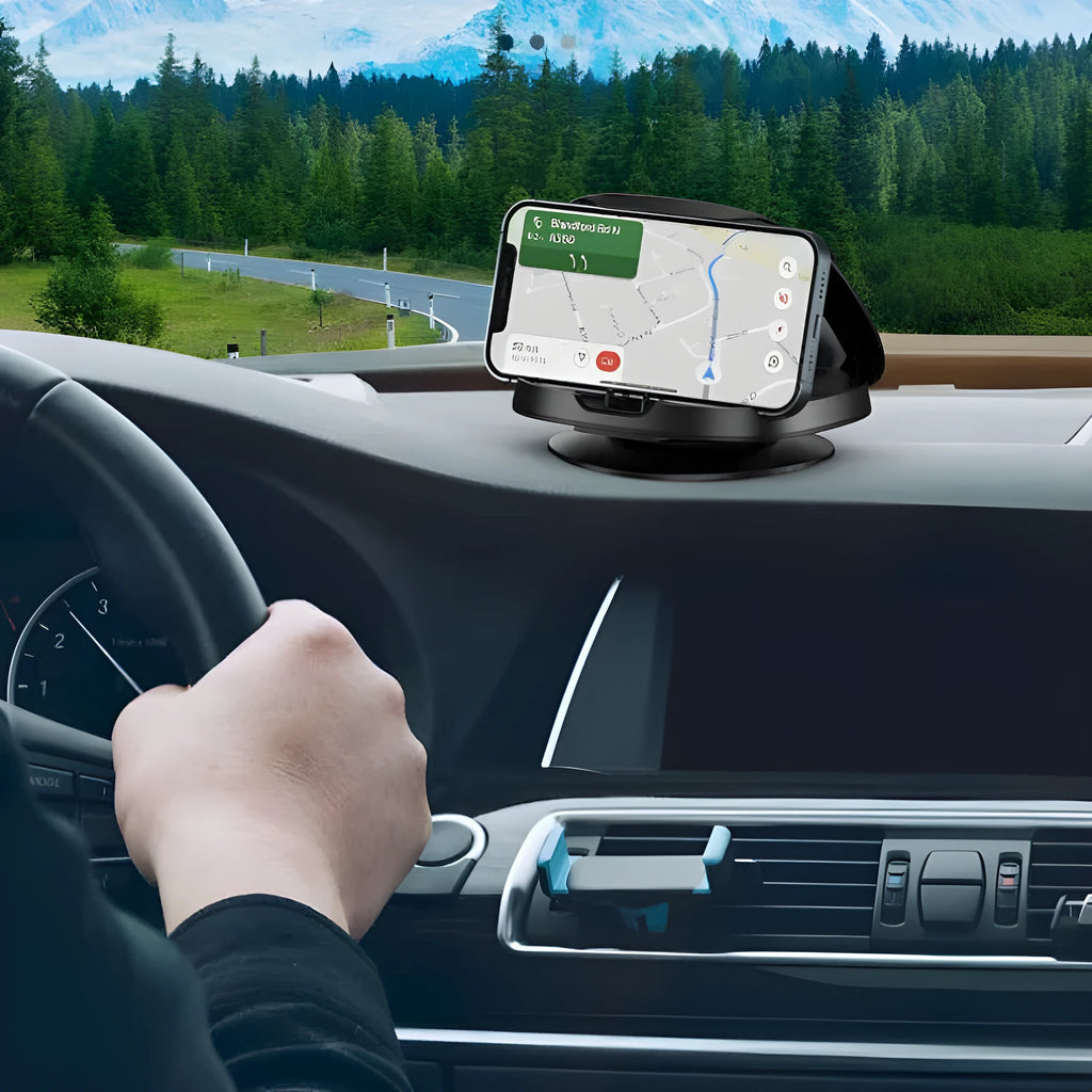 Black rotating suction cup car navigator bracket showing 360-degree ball joint adjustment mechanism