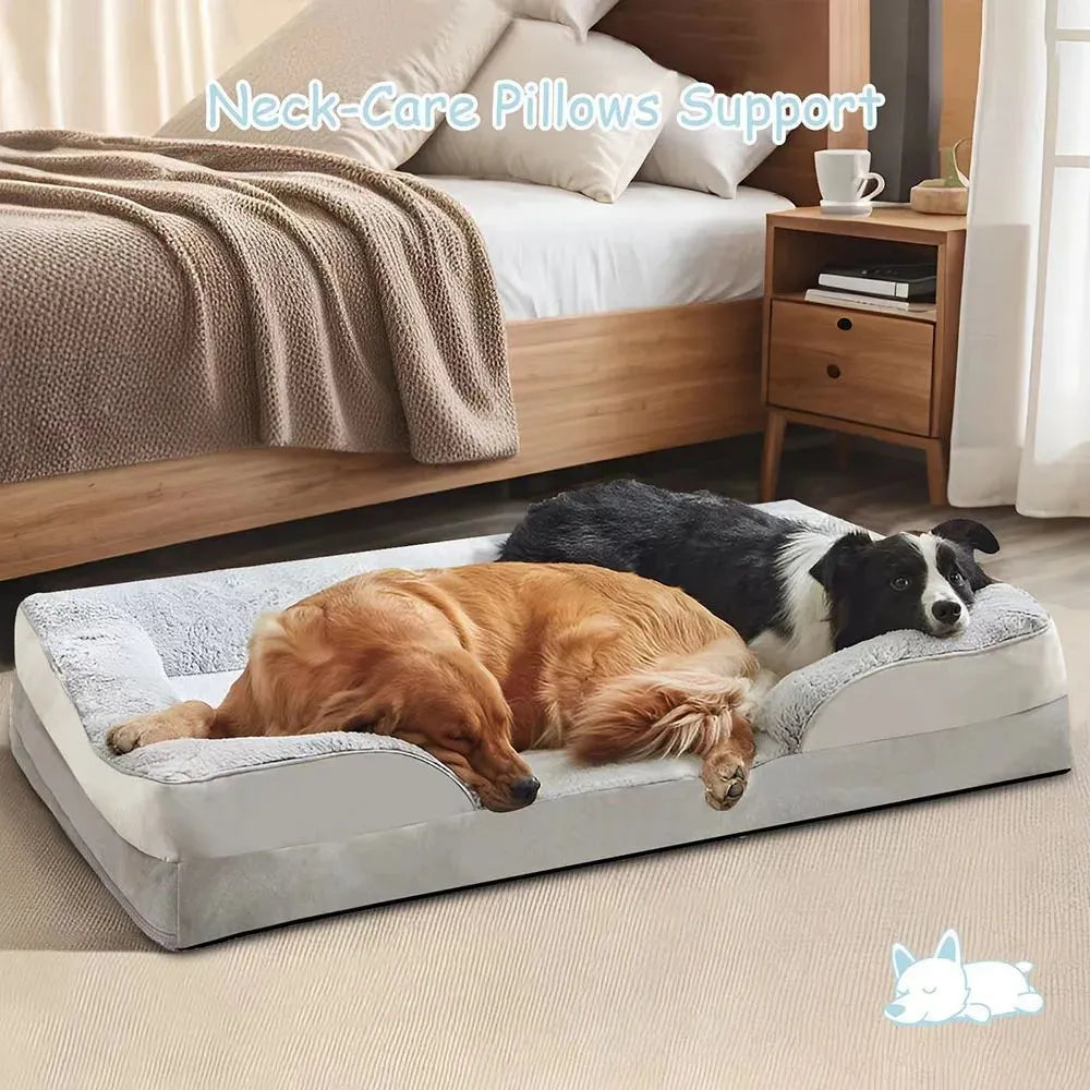 Grey waterproof dog bed with soft fleece lining and raised edges, size L 90x65x16cm