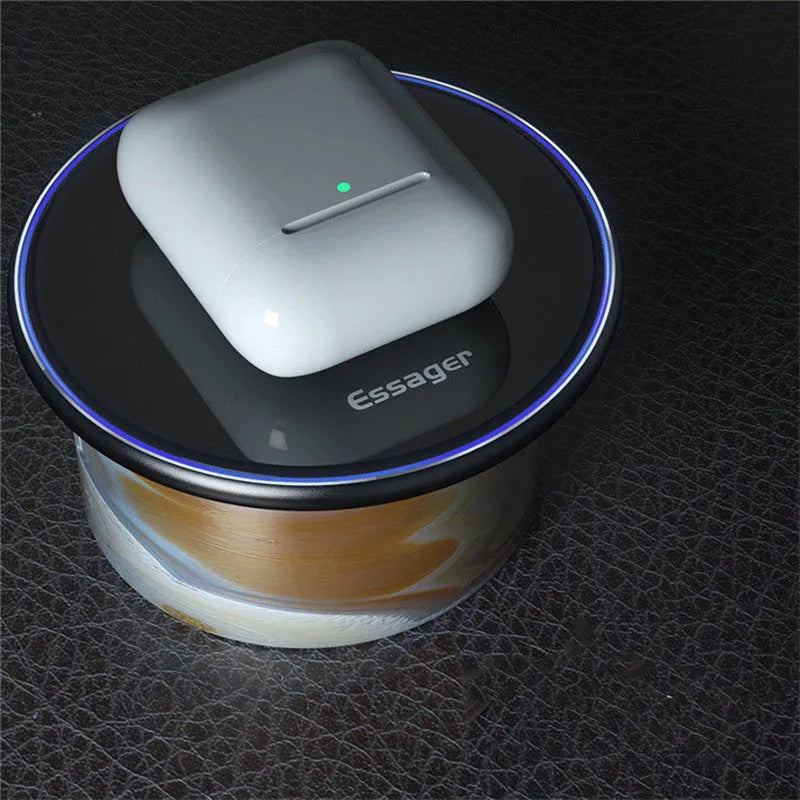 Black wireless charging pad with LED indicator for iPhone Samsung phones